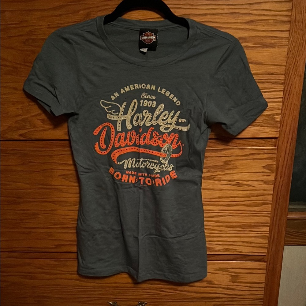 Harley-Davidson Orange and Blue Fitted Short Sleeve Tee